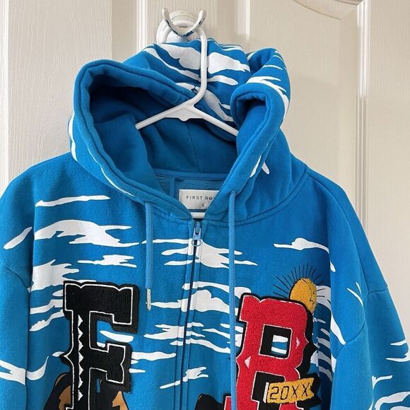 First Row Graphic Mountain Hoodie Full Zip Embroidered Applique Men's Size Large - Picture 2 of 16